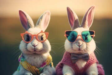 Bunnies in quirky costumes. Fluffy rabbit animals wearing colorful sunglasses. Generate ai