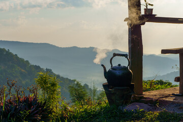 A kettle of boiling water on the mountain