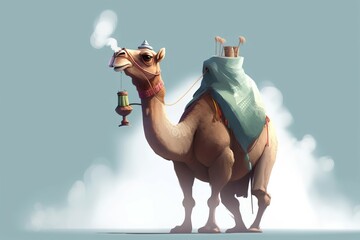 Camel animal smoking shisha. Caravan dune nomadic camel puffing traditional narghile. Generate ai