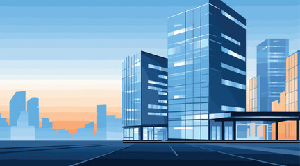 Business Vector Office Building a contemporary office building with glass facades, skyscraper design, and cityscape backdrop. corporate grays, office blues
