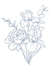 Wildflowers Line Drawing. Black and white Floral Bouquets. Flower Coloring Page. Floral Line Art. Fine Line Wildflowers illustration. Hand Drawn flowers. Botanical Coloring. Wedding invitation flowers