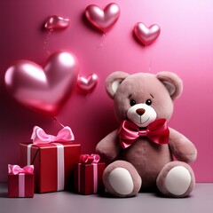 Creative colorful romantic concept of a smiling teddy bear among gifts and hearts, as a symbol of love and care. Holidays greetings. Generative AI
