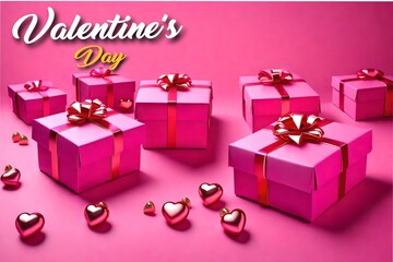 Valentine's Day style. Pithy 3D gift boxes in pink. A gift package filled with festive decorations is opened.