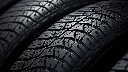 Close-up of new car tires stacked together.