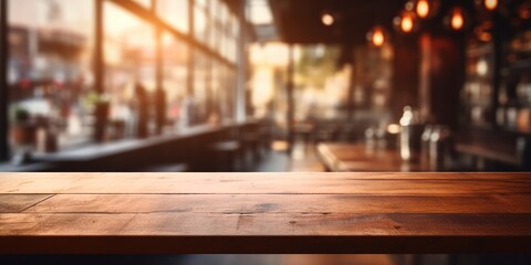 Wooden surface foregrounds a softly defocused café interior - obrazy, fototapety, plakaty
