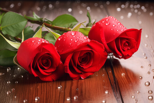 Adorable closeup shot of red roses on wooden table anniversary greeting card. Happy romantic holidays