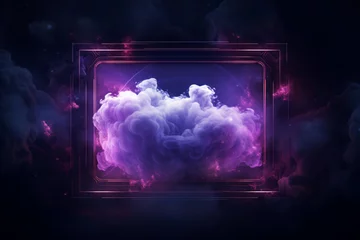 Fotobehang Neon photo frame border with thick fog smoke clouds on black background. Mock up template advertisement concept © Cherstva