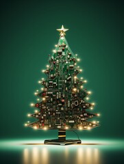 Vibrant circuit board in the shape of Christmas tree with colorful nodes and pathways and bright star on top over black background