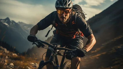 Tuinposter Adventurous ascent: A mountain biker conquers the heights, blending adrenaline, nature, and skill in an exhilarating alpine journey © monvideo