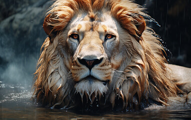 leão majestoso molhado 