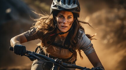 Racing thrill: A young woman speeds on a mountain bike, blending agility, determination, and the sheer exhilaration of the trail