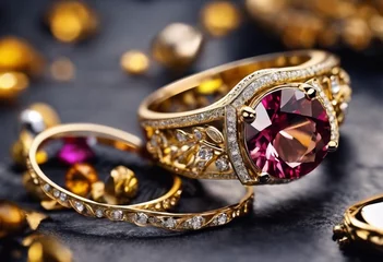 Selbstklebende Fototapeten Variety of exquisite jewelry containing jewelry gold diamond gemstones © Erik