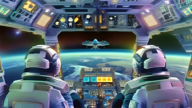 A scene depicting astronauts performing their duties inside the cockpit of a spacecraft. The curvature of Earth is visible ahead, and another spacecraft is displayed on the central monitor. The cockpi