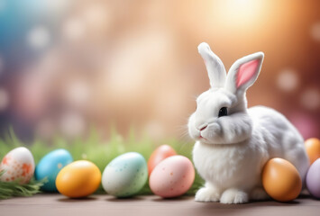 Fototapeta na wymiar easter bunny with easter eggs background 