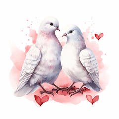 Valentine's day white pigeons watercolor illustation style on white background