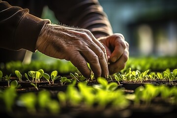 Blossoming Harvest Farmer Tenderly Caring for Young Plant Seedlings in a Spring Garden, Cultivating the Organic Symphony of Sustainable Agriculture. created with Generative AI