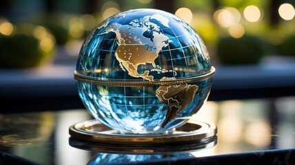 Crystal globe reflecting a world map in a minimalist, modern setting.