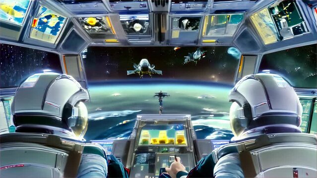 A scene depicting astronauts performing their duties inside the cockpit of a spacecraft. The curvature of Earth is visible ahead, and another spacecraft is displayed on the central monitor. The cockpi