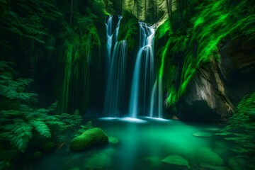 Fototapeta na wymiar A cascading waterfall hidden deep within a lush, emerald-green canyon.