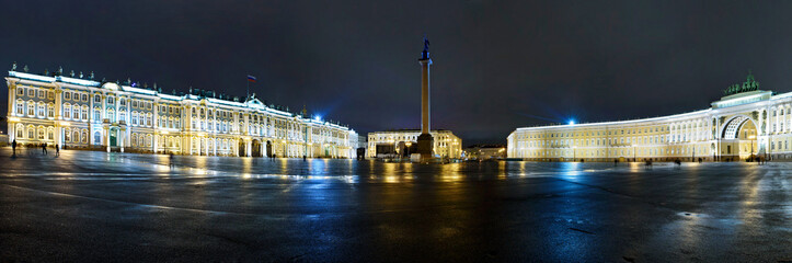 Night panorama in Palace square. View of the Winter Palace, house of the Hermitage Museum, iconic landmark in St. Petersburg, Russia