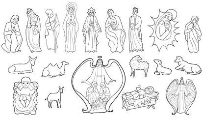 hand drawn ink vector collection nativity scene of Our Lord Jesus Christ . Virgin Mary, baby Jesus, Joseph , Magi adoration, animals