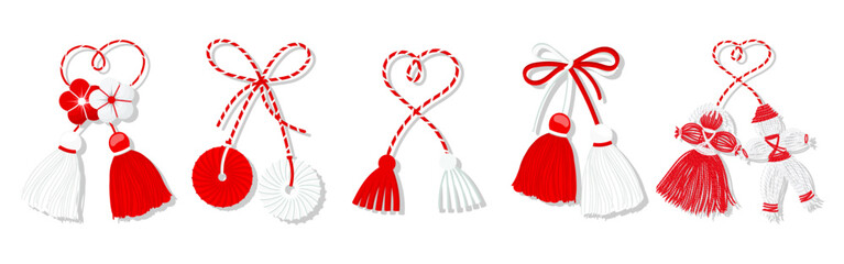 Martisor set, red and white symbol of spring. Traditional spring holiday in Romania and Moldova. Symbols, talismans, icons, vector