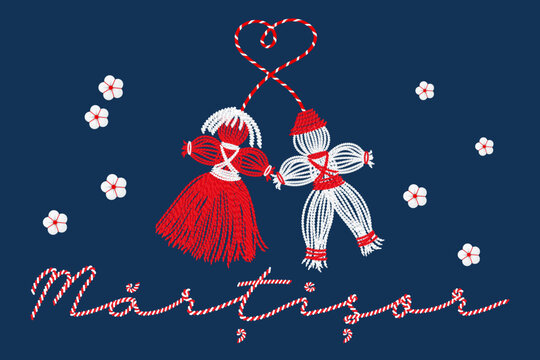 Martisor, symbol of spring. Traditional spring holiday in Romania and Moldova. March 1. Holiday card, banner, vector.