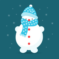 Cute snowman in a hat and scarf, flat style. Cartoon illustration, print for children, vector