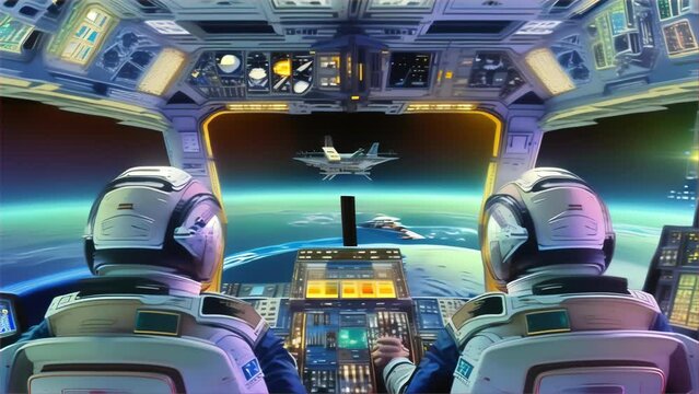 A scene depicting astronauts performing their duties inside the cockpit of a spacecraft. The curvature of Earth is visible ahead, and another spacecraft is displayed on the central monitor. The cockpi