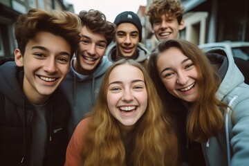 Obraz premium Global Bonds Cheerful Teenage Friends Capture Happy Memories, Taking Selfies While Exploring the City, Embracing Friendship and Cross-Cultural Communication. created with Generative AI