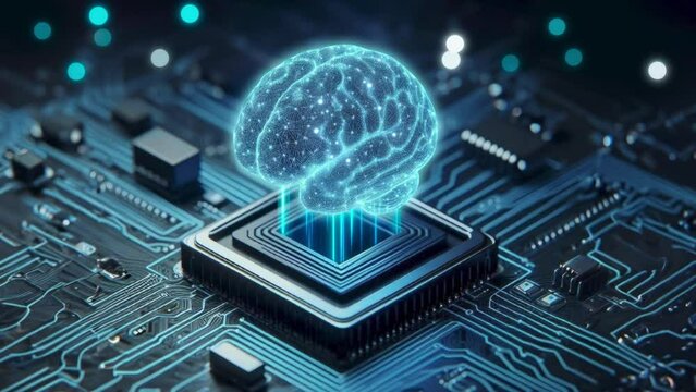 A digital blue human organ hologram like a liver, brain, heart, stomach, lungs, and kidney on the black light lines of the motherboard chip background in 4K with bokeh and particle lights