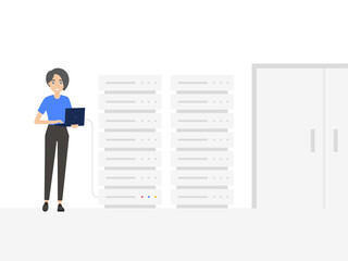 Girl debugging machine in server room