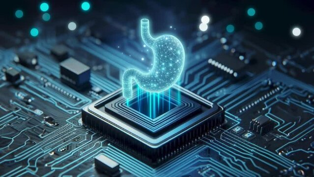 A digital blue human organ hologram like a liver, brain, heart, stomach, lungs, and kidney on the black light lines of the motherboard chip background in 4K with bokeh and particle lights