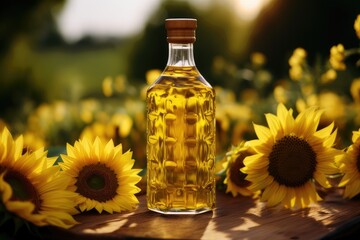 Sunflowers, a bottle of sunflower oil. Foreground.