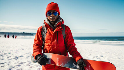 Fototapeta na wymiar surrealist scene of a young African American man posing with a snowboard on a Caribbean beach wearing mountain clothing