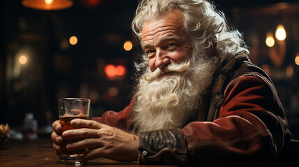 Santa Claus relaxing in a bar after the working week before Christmas