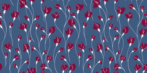 Seamless simple creative branches ditsy flowers intertwined in a pattern. Abstract cute floral printing on a blue background. Vector hand drawn sketch. Design for fashion, textile, fabric, wallpaper