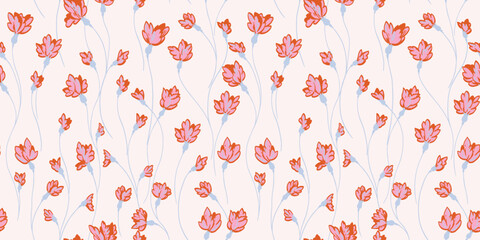 Pastel seamless simple creative branches flowers intertwined in a pattern. Abstract cute ditsy floral printing on a light background. Vector hand drawn sketch. Design for fashion, textile, fabric