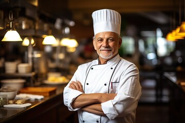 Savoring Legacy Senior Male Chef Stands Proudly in Restaurant Kitchen, A Culinary Maestro in Timeless Uniform, Crafting Gastronomic Excellence. created with Generative AI