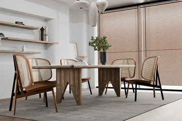 Stylish and botany interior of dining room with design craft wooden table, chairs, furniture, a lof of plants, 3d render