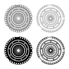 Car clutch basket cover cohesion transmission auto part plate kit repair service set icon grey black color vector illustration image solid fill outline contour line thin flat style