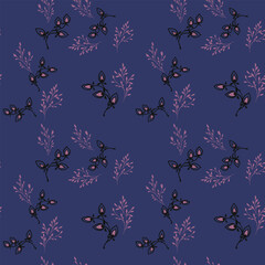 Abstract stylized floral branches seamless pattern. Simple tiny leaves branches on a dark blue background. Vector hand drawn. Design for fashion, textile, fabric, wallpaper, surface design