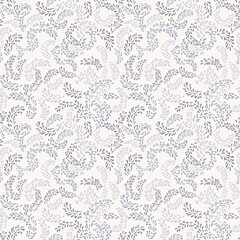 Creative, simple tiny floral branches with drops seamless pattern. Vector hand drawn sketch. Gentle light textured printing. Design for textile, fabric, wallpaper, surface design, fashion