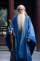 A Taoist standing at the entrance of a Taoist temple with a long white beard and a blue robe