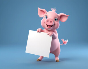 A pink cute piglet with a sign is standing