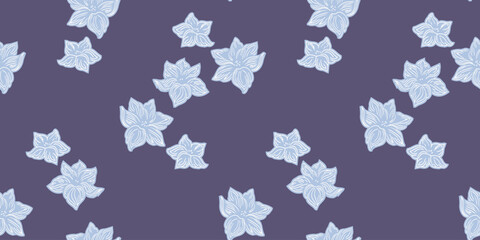 Blue seamless pattern with decorative stylized shape flowers. Vector hand drawn. Creative abstract minimalistic floral background. Design for fashion, textile, fabric, wallpaper, surface design