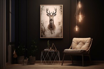 Mock up poster in hipster bad room , deer horns decoration on the wall