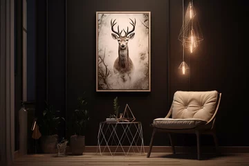 Mock up poster in hipster bad room , deer horns decoration on the wall © Amal