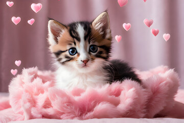 The kitten lies in a pink hearts. A cat sit in purple balloons for Valentine's Day. Romantic...