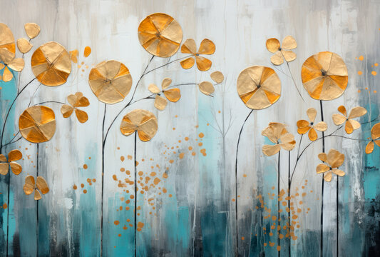 Silhouettes of beautiful plants on canvas.Gold, black, blue and gray colors. Interior painting. Beautiful background. Generative AI.